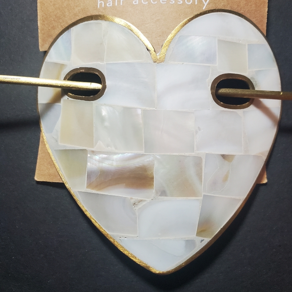 Mother-of-Pearl Shell Handmade Chitra Heart Hair Slide Brass Stick Accessory NWT - Picture 7 of 12